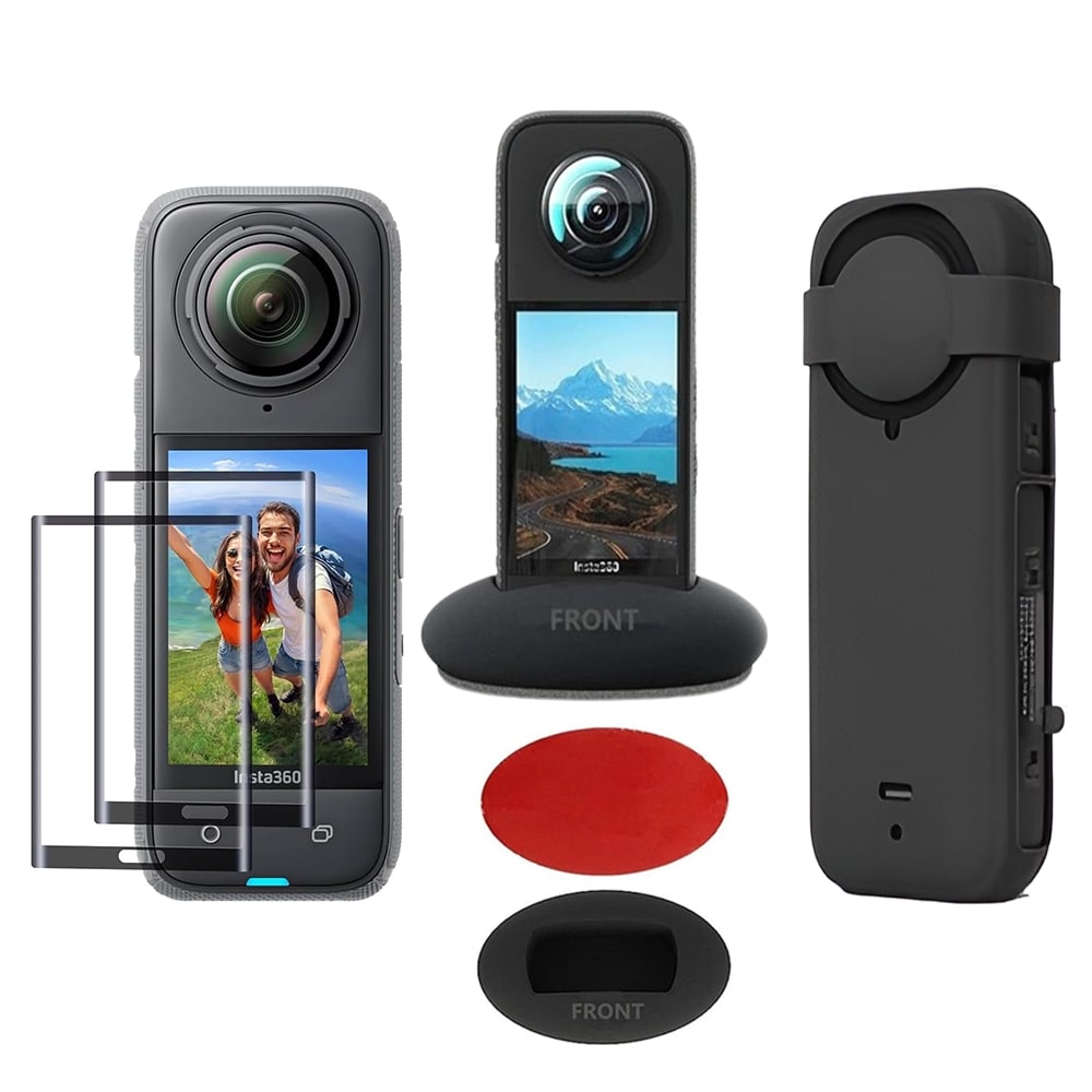 Insta360 X4 Accessories | 2 Pack Tempered Glass Screen Protector Film | Silicone Protective Case | Silicone Desktop Base Stand Non-Slip Mount Accessories | Black