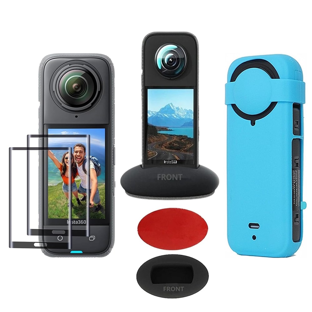 Insta360 X4 Accessories | 2 Pack Tempered Glass Screen Protector Film | Silicone Protective Case | Silicone Desktop Base Stand Non-Slip Mount Accessories | Blue