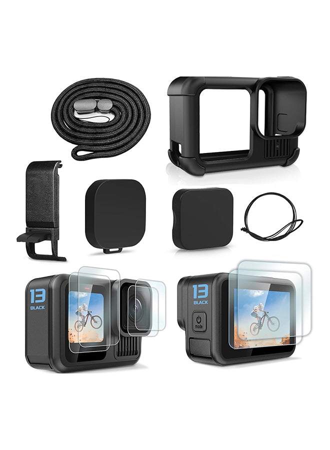 Accessories Kit for Go Pro 13 Black, Protective Silicone Sleeve Rubber Case with Lens Cap+ Screen Protector + Battery Side Cover + Lanyard