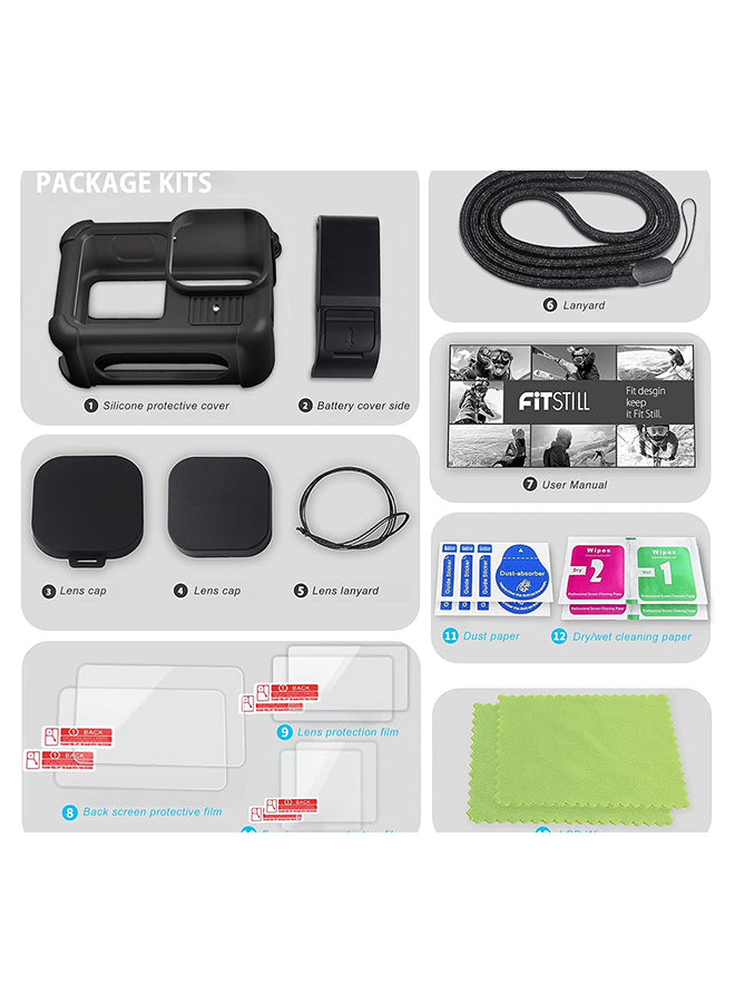 Accessories Kit for Go Pro 13 Black, Protective Silicone Sleeve Rubber Case with Lens Cap+ Screen Protector + Battery Side Cover + Lanyard