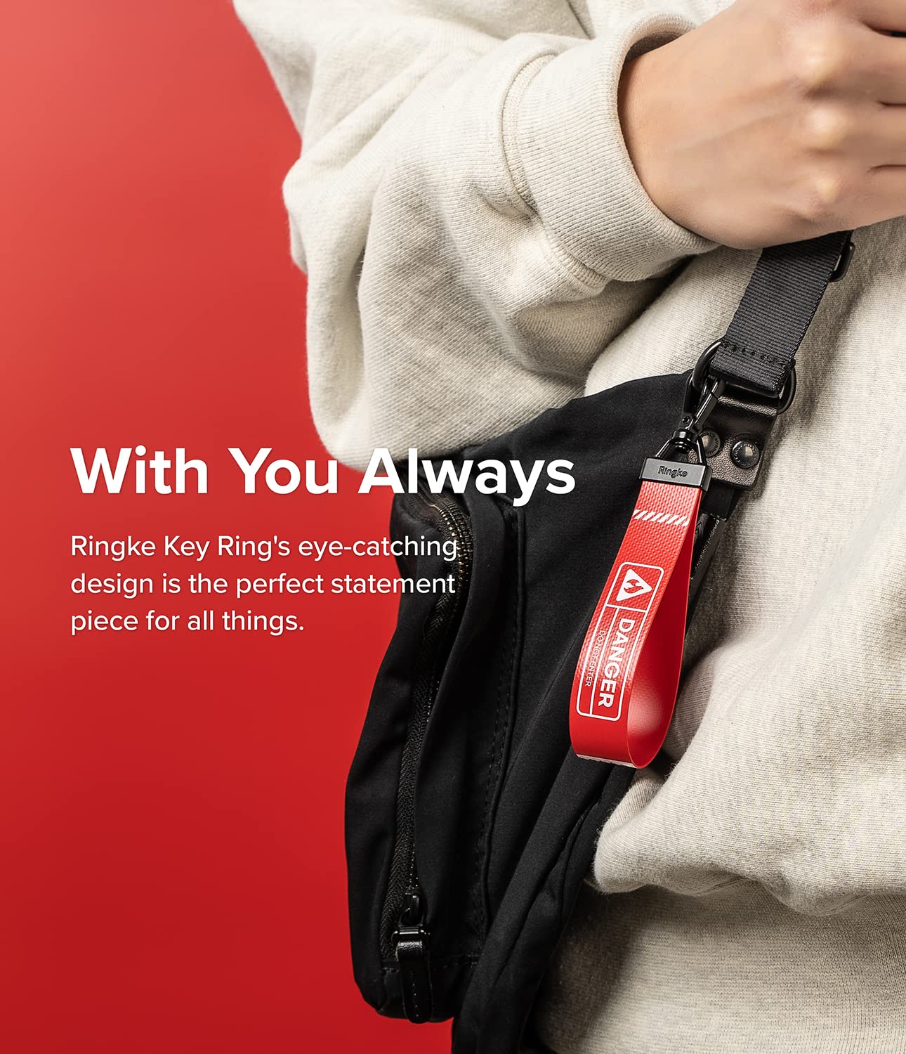 Tarpaulin Key Ring Strap Compatible with Earbuds, Keys, Cameras & ID QuikCatch Lanyard Adjustable String | Danger Red