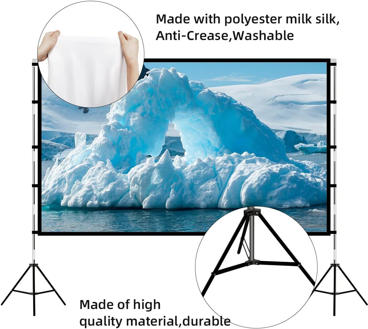 Projector Screen with Stand |  16:9 HD 4K Wrinkle-Free Outdoor Movies Screen with Carrying Bag | Portable Indoor Outdoor Projection Screen