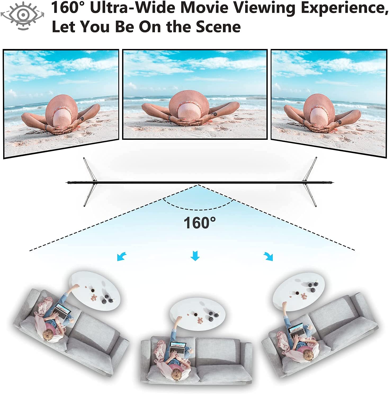 Projector Screen with Stand |  16:9 HD 4K Wrinkle-Free Outdoor Movies Screen with Carrying Bag | Portable Indoor Outdoor Projection Screen