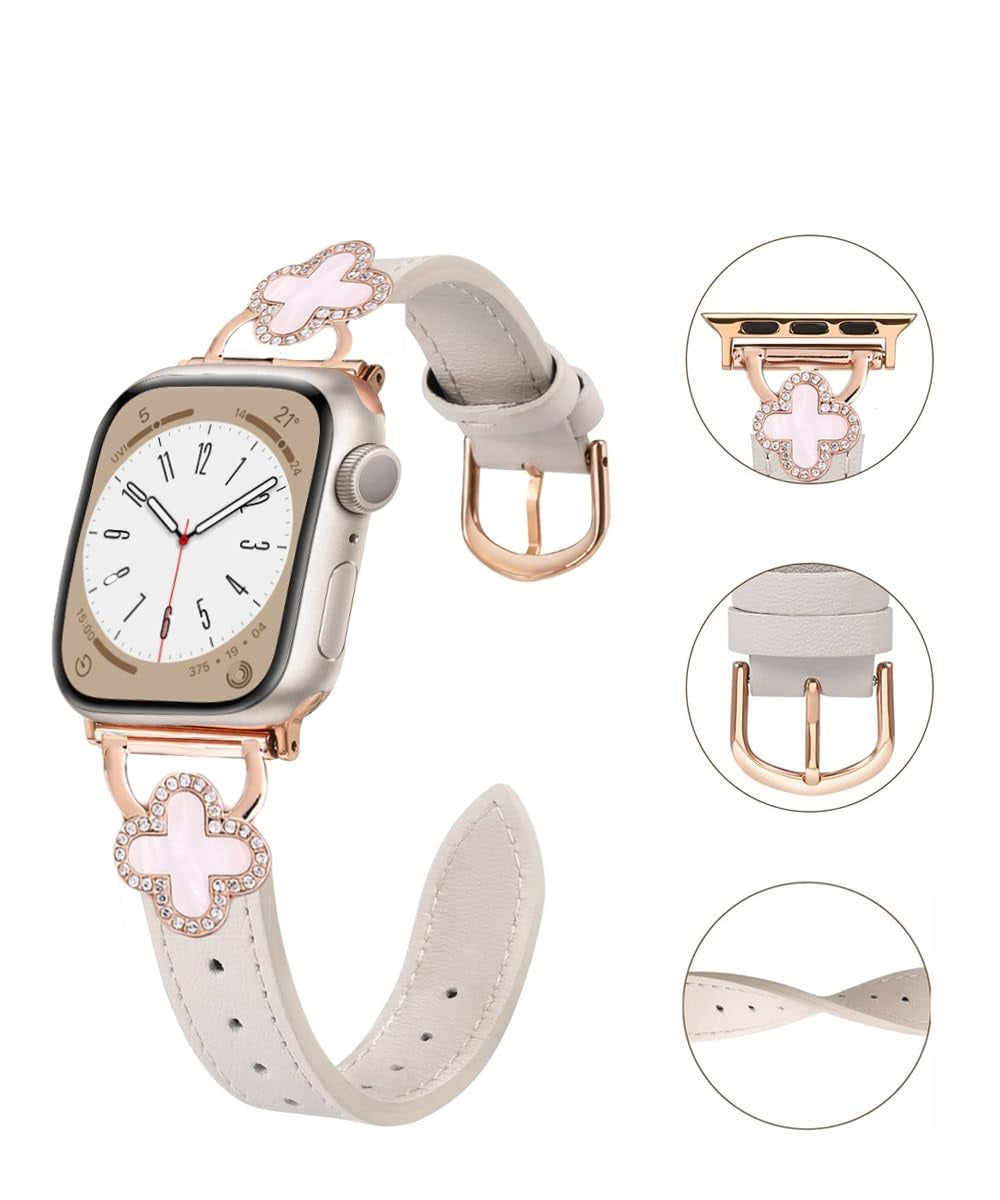 Leather Band For Apple Watch 38mm 40mm 41mm , Slim Thin Dressy Diamond Four Leaf Clover Bling Cute Straps -Light Pink