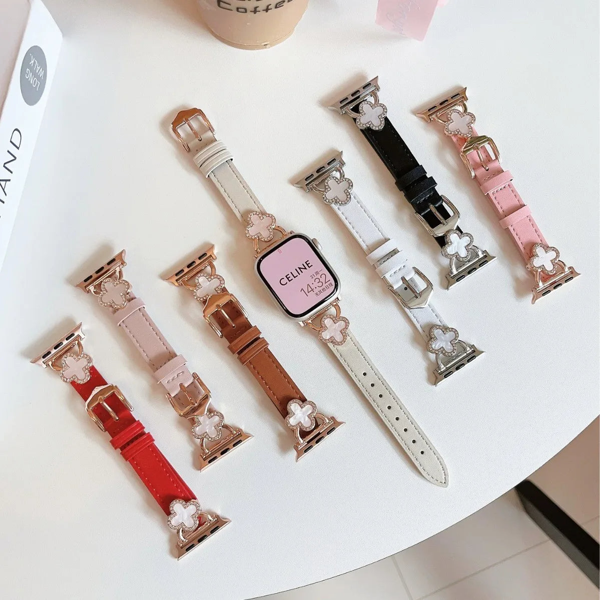 Leather Band For Apple Watch 38mm 40mm 41mm , Slim Thin Dressy Diamond Four Leaf Clover Bling Cute Straps - Pink