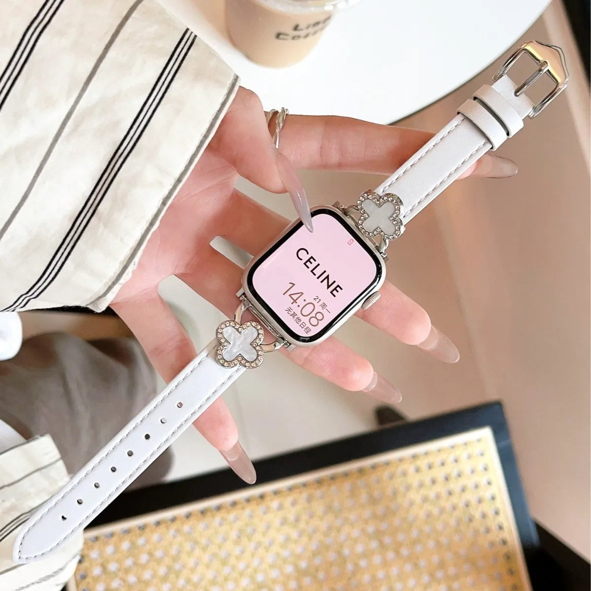 Leather Band For Apple Watch 38mm 40mm 41mm , Slim Thin Dressy Diamond Four Leaf Clover Bling Cute Straps -White