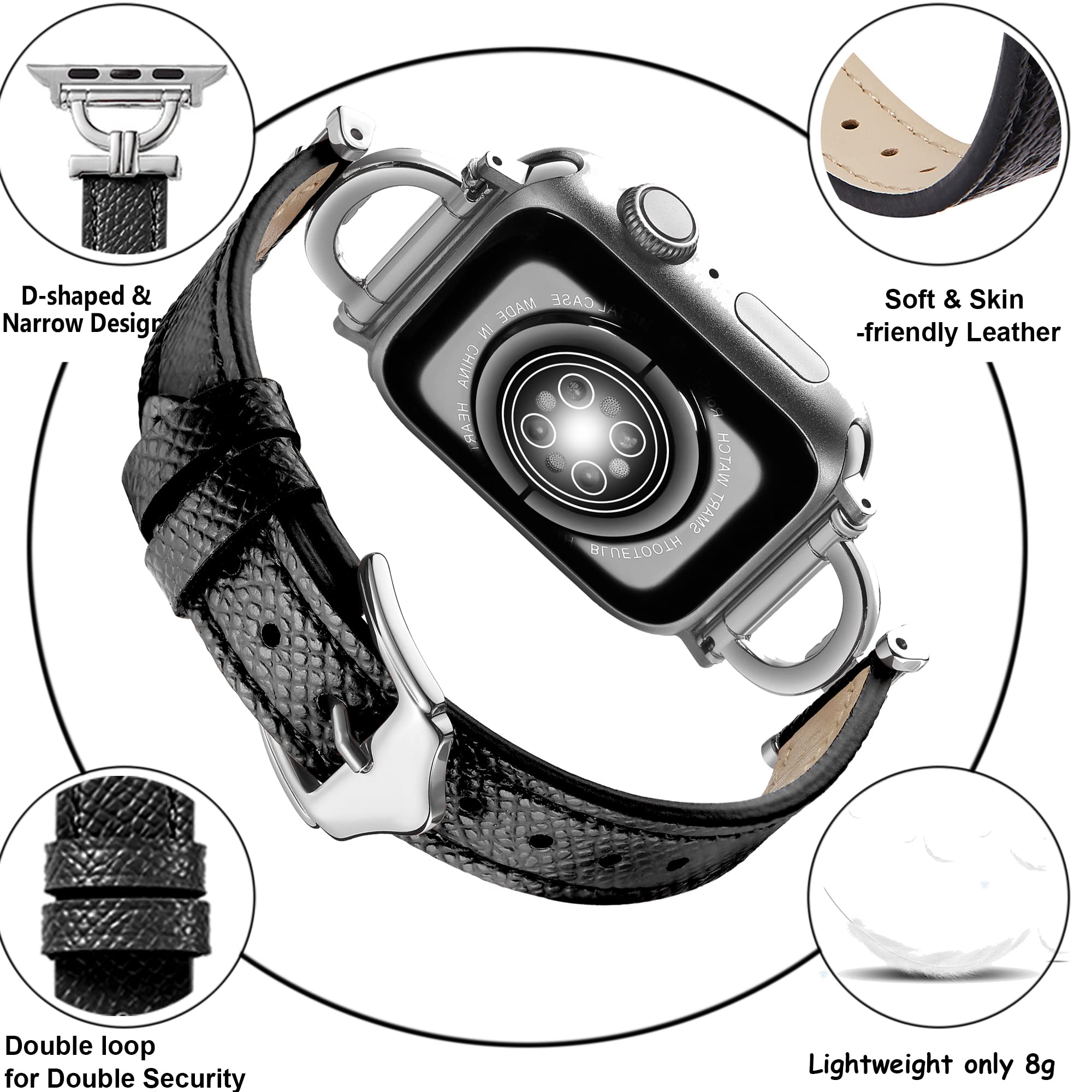 Leather Band For Apple Watch 38mm 40mm 41mm, Slim Leather Strap with D-Shape Rose Gold Metal Buckle - Plain White