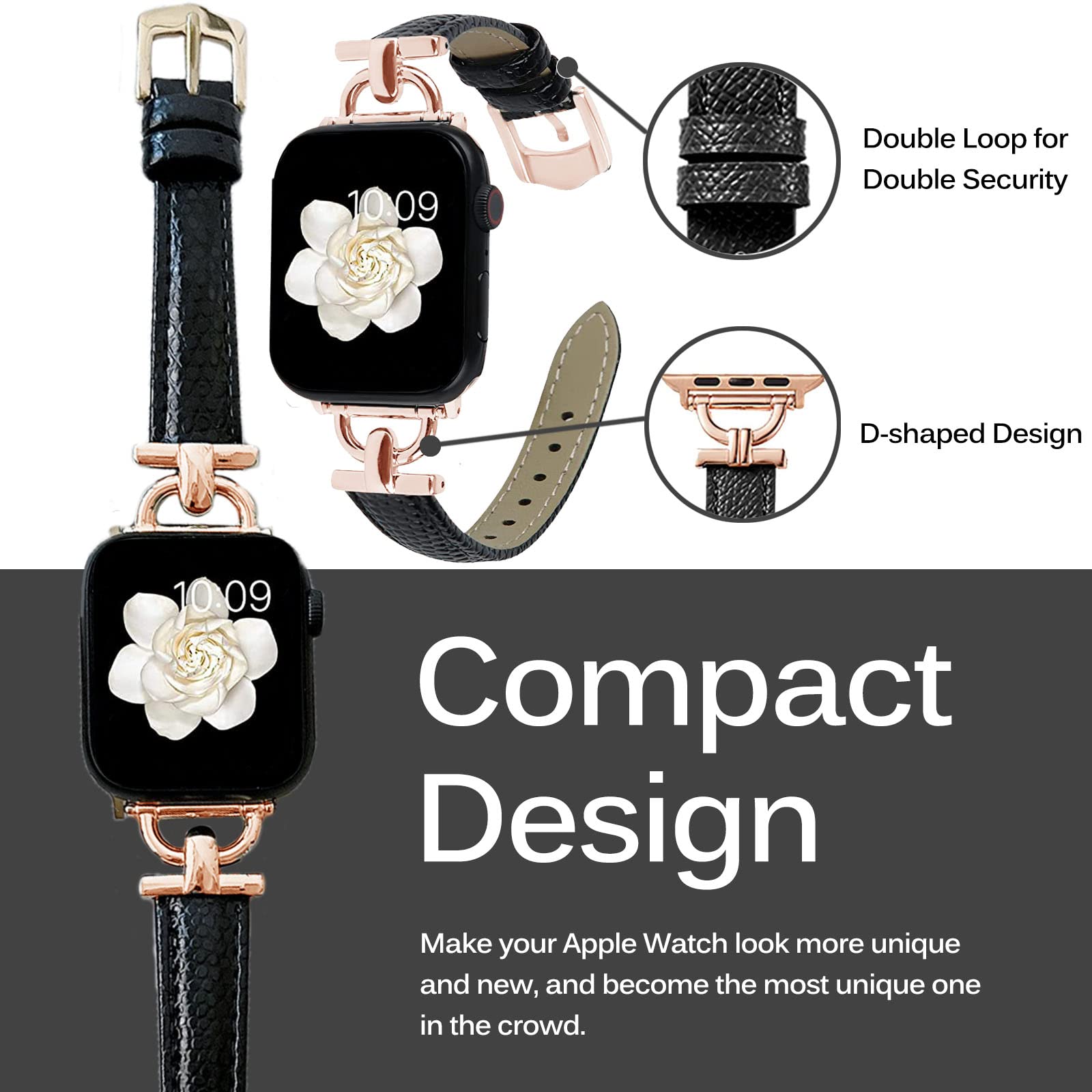 Leather Band For Apple Watch 38mm 40mm 41mm, Slim Leather Strap with D-Shape Rose Gold Metal Buckle - Plain White