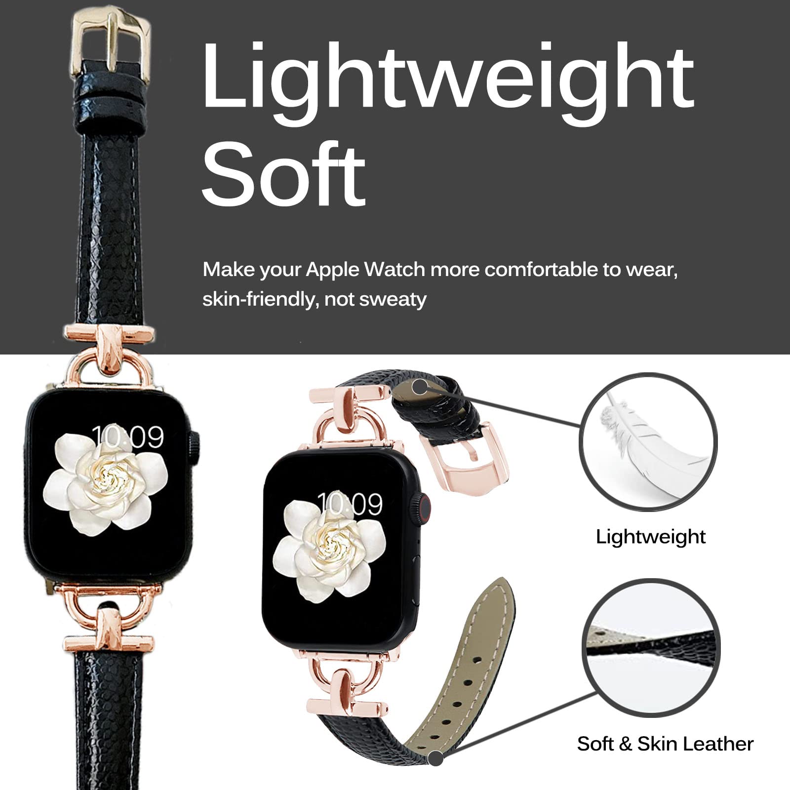 Leather Band For Apple Watch 38mm 40mm 41mm, Slim Leather Strap with D-Shape Rose Gold Metal Buckle - Plain White