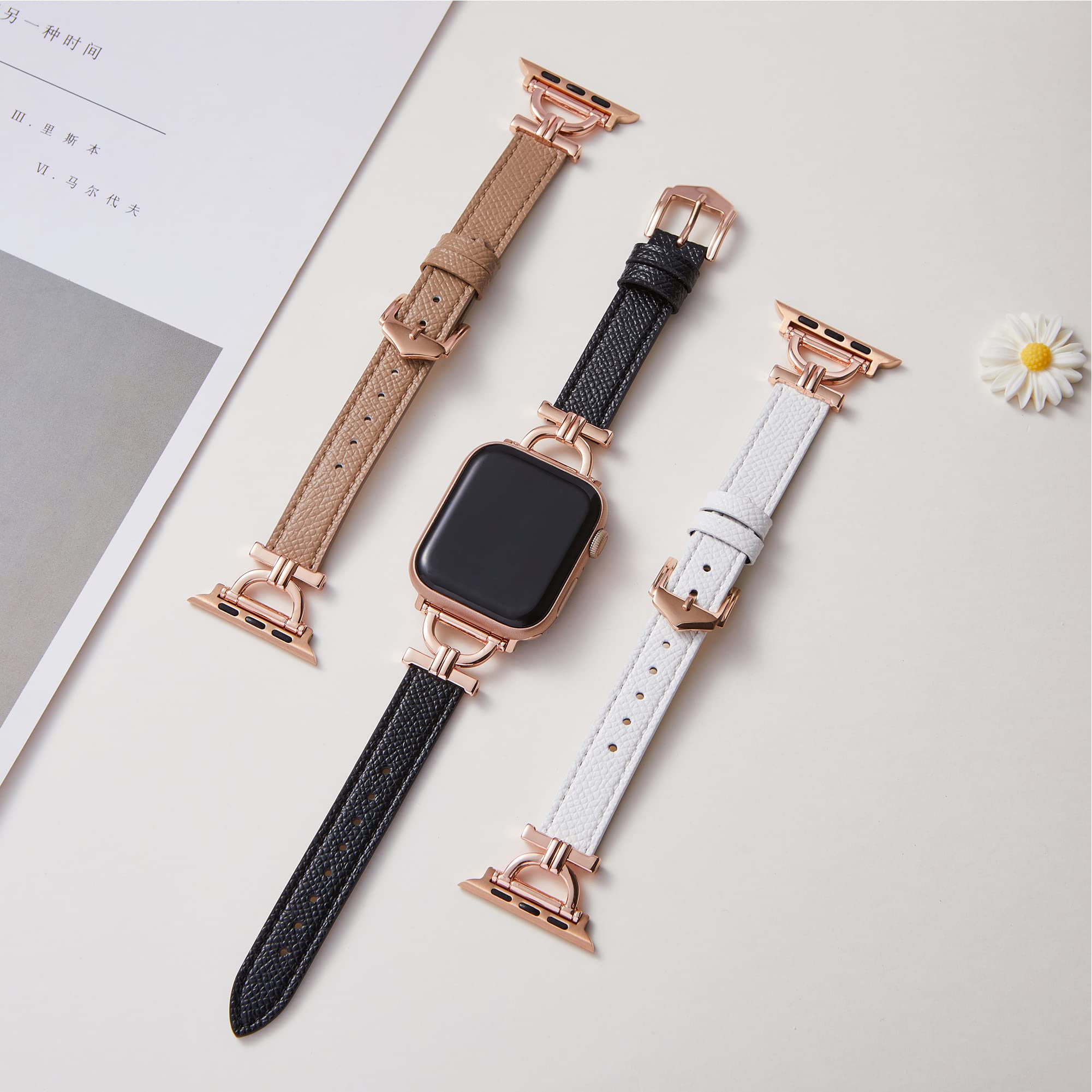 Leather Band For Apple Watch 38mm 40mm 41mm, Slim Leather Strap with D-Shape Rose Gold Metal Buckle - Plain White
