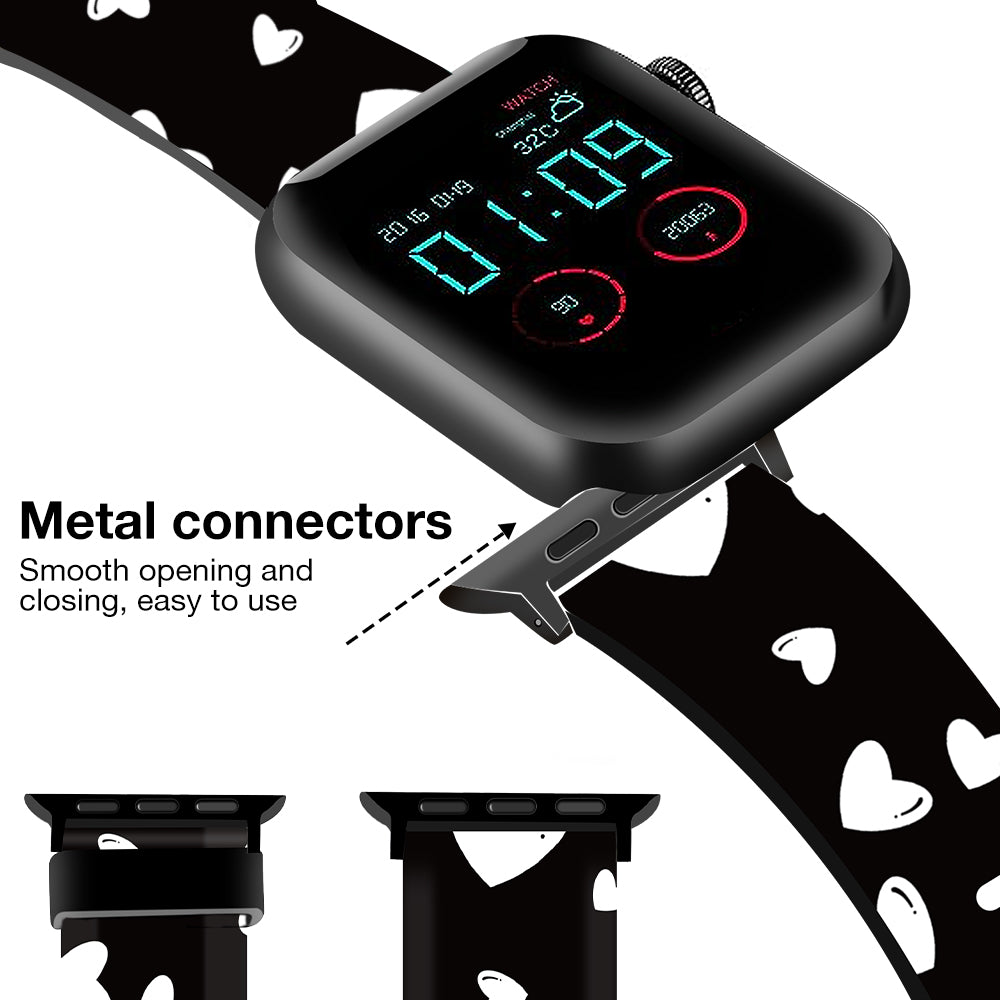 Silicone Bands For Apple Watch Straps 38mm 40mm 41mm Women Men - Black & White Hearts