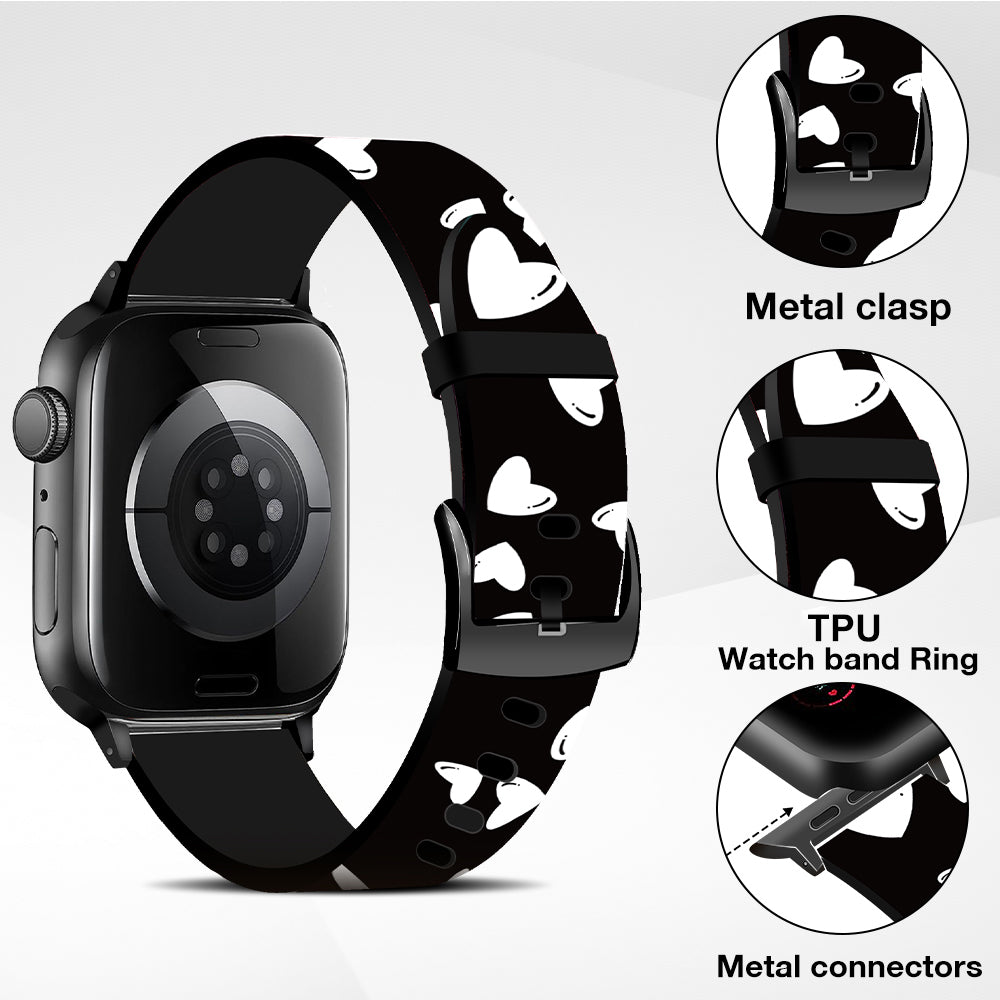 Silicone Bands For Apple Watch Straps 38mm 40mm 41mm Women Men - Black & White Hearts
