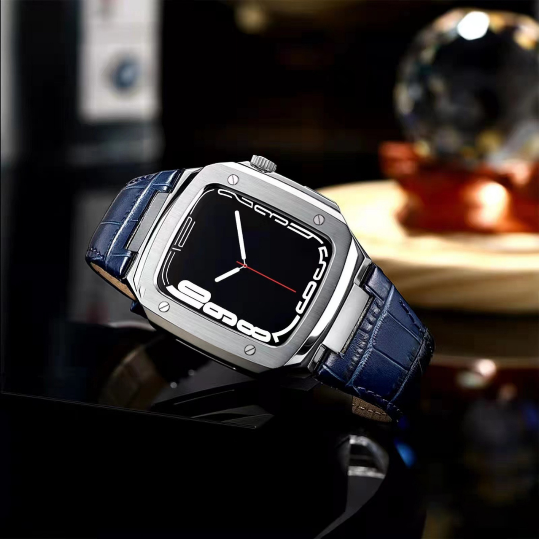 Stainless Steel Case with Genuine Leather Watch Band for Apple Watch 44mm 45mm -Black