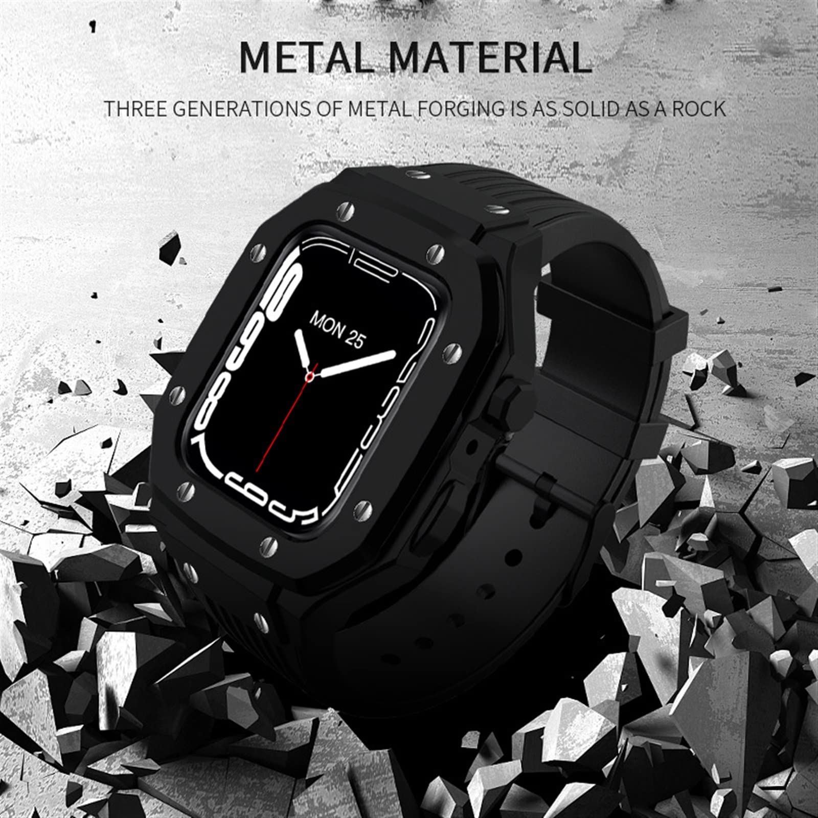 Silicone Rubber Band with Metal Case For Apple Watch 45mm 44mm - Black & Silver