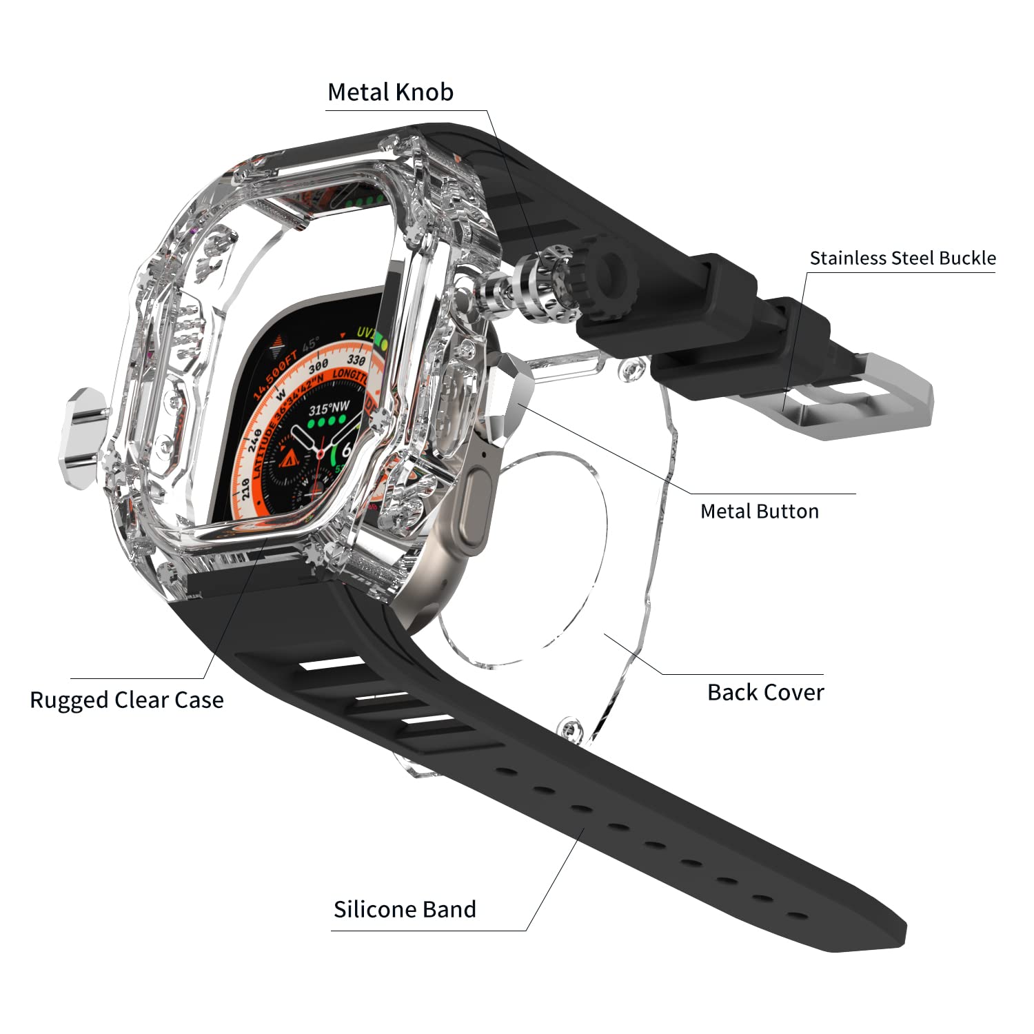 Transparent Case with Rubber Band For Apple Watch Ultra 49mm -Clear