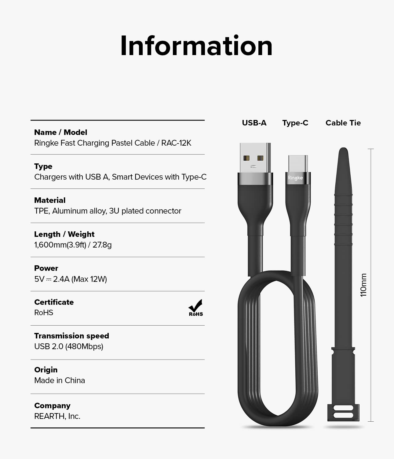 Fast Charging Pastel Cable | USB Type A to Type C | Black  1.2m