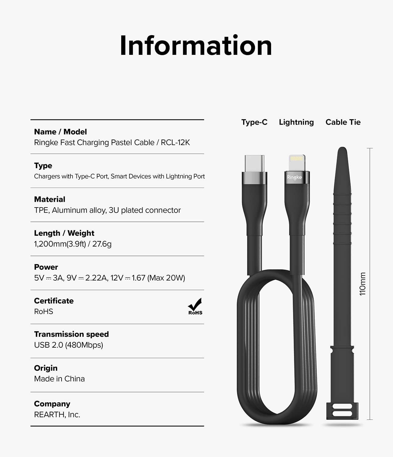 Fast Charging Pastel Cable | USB Type C to Lightning | Black  1.2m