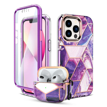 Apple iPhone 13 Pro Case+ Air Pods 3rd Generation Case | Marble Shockproof Bumper Stylish Slim Phone Cases |  Purple
