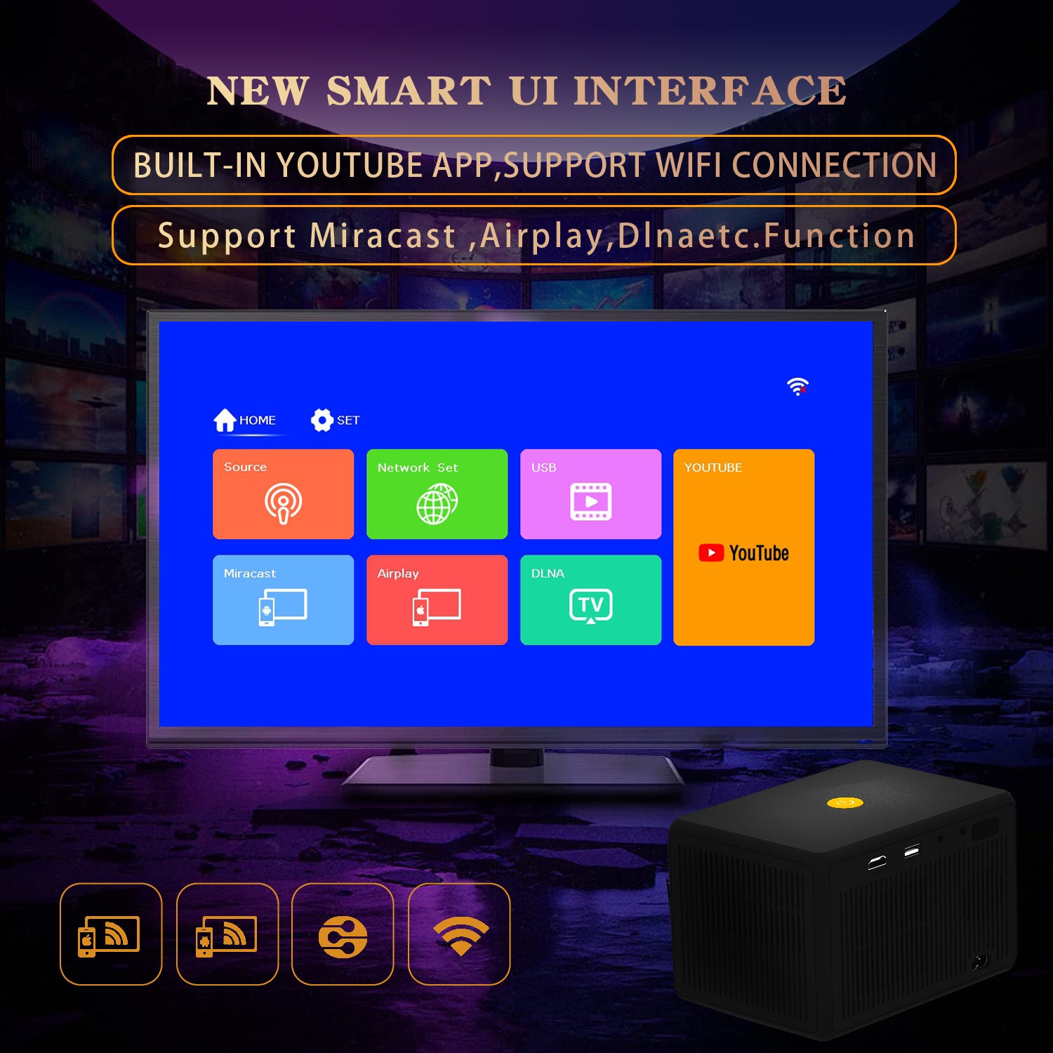 WiFi Portable Projector 150 ANSI Lumens Portable Outdoor Movie Projector with 200
