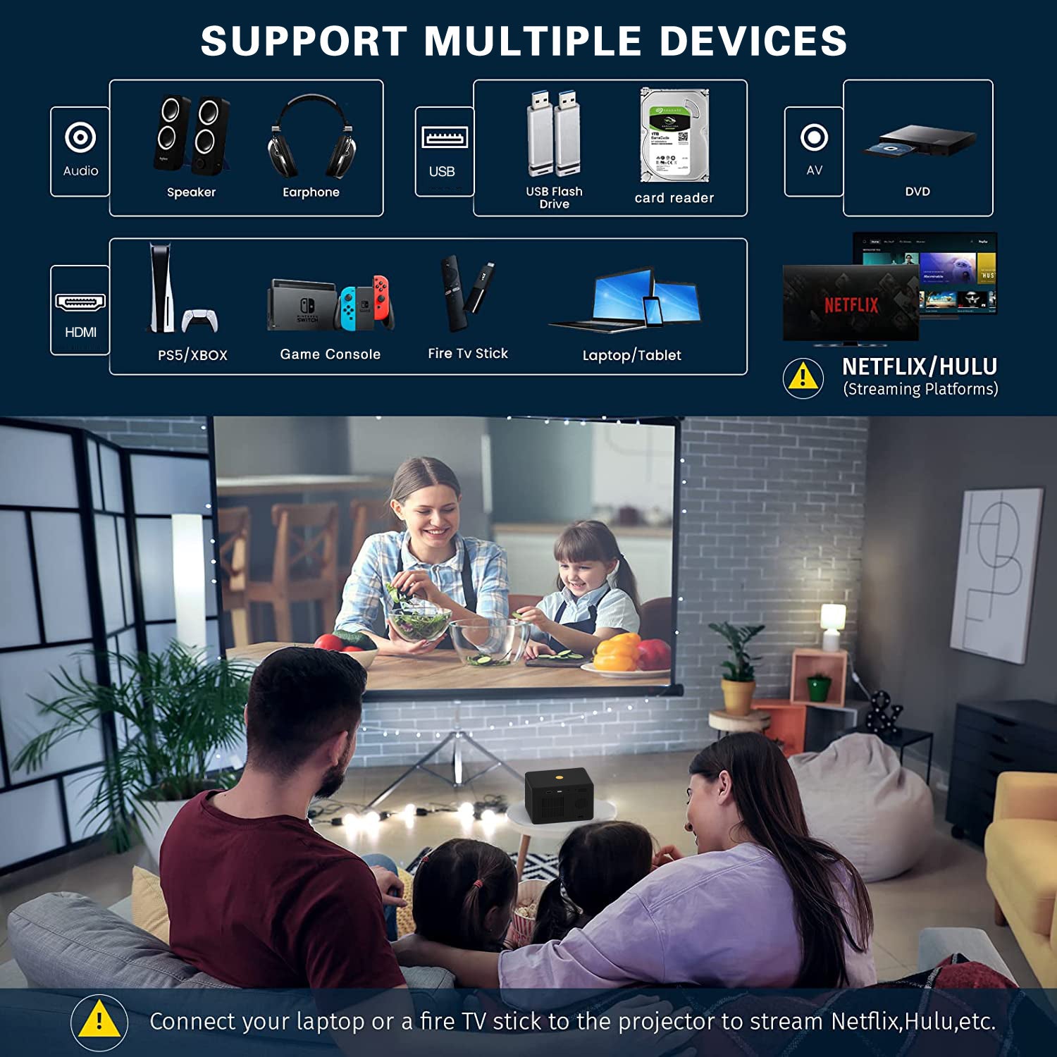 WiFi Portable Projector 150 ANSI Lumens Portable Outdoor Movie Projector with 200