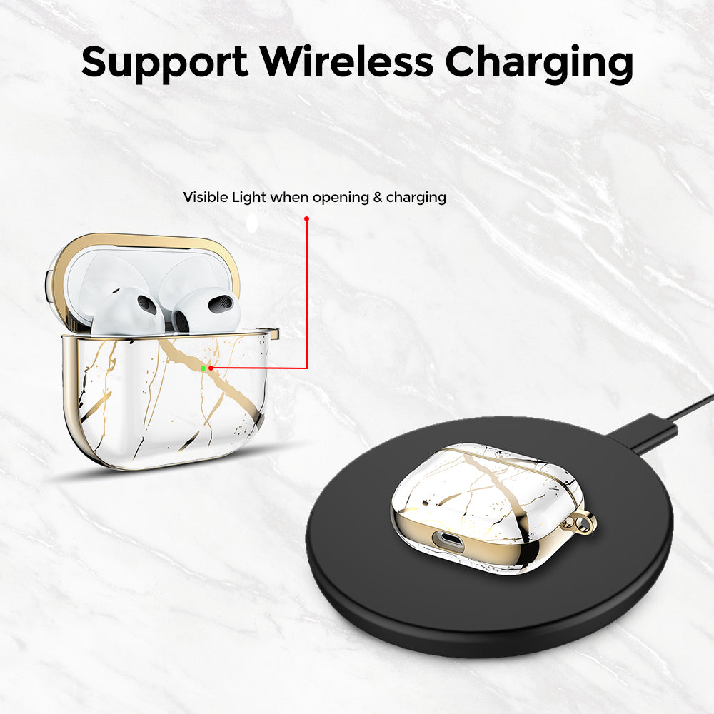 AirPods 3rd Generation 2021 Marble Case|Full Body Protective Cover with Keychain| White & Gold