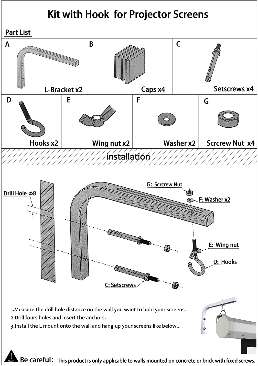 Universal Projector Screen L- Bracket Adjustable Hanging Mount with Hook For Home Theater Projection Screens Mounting Accessories