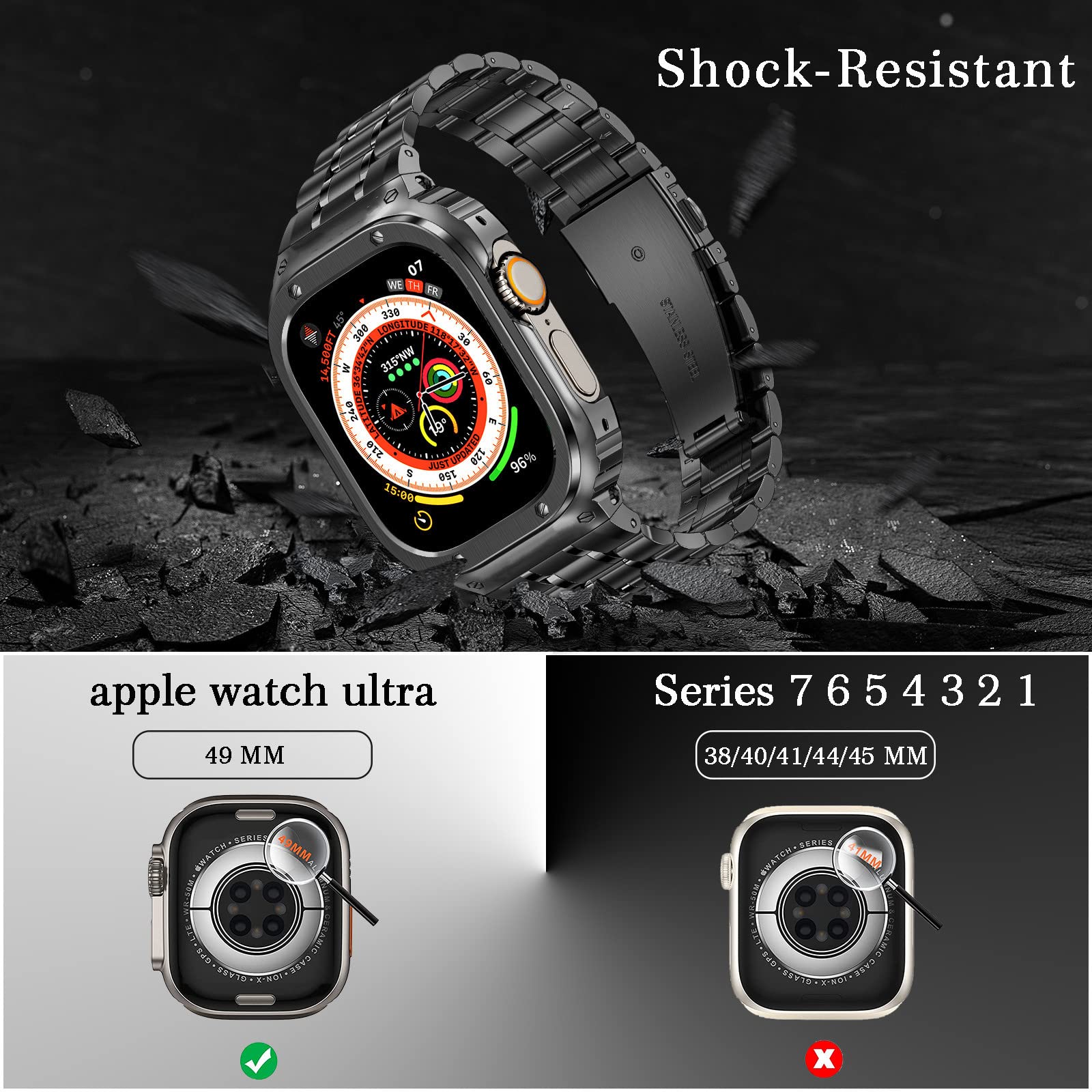 Stainless Steel Watch Band with Case Compatible with Apple Watch Series 9/8/7 (45mm)- Classic Silver Black