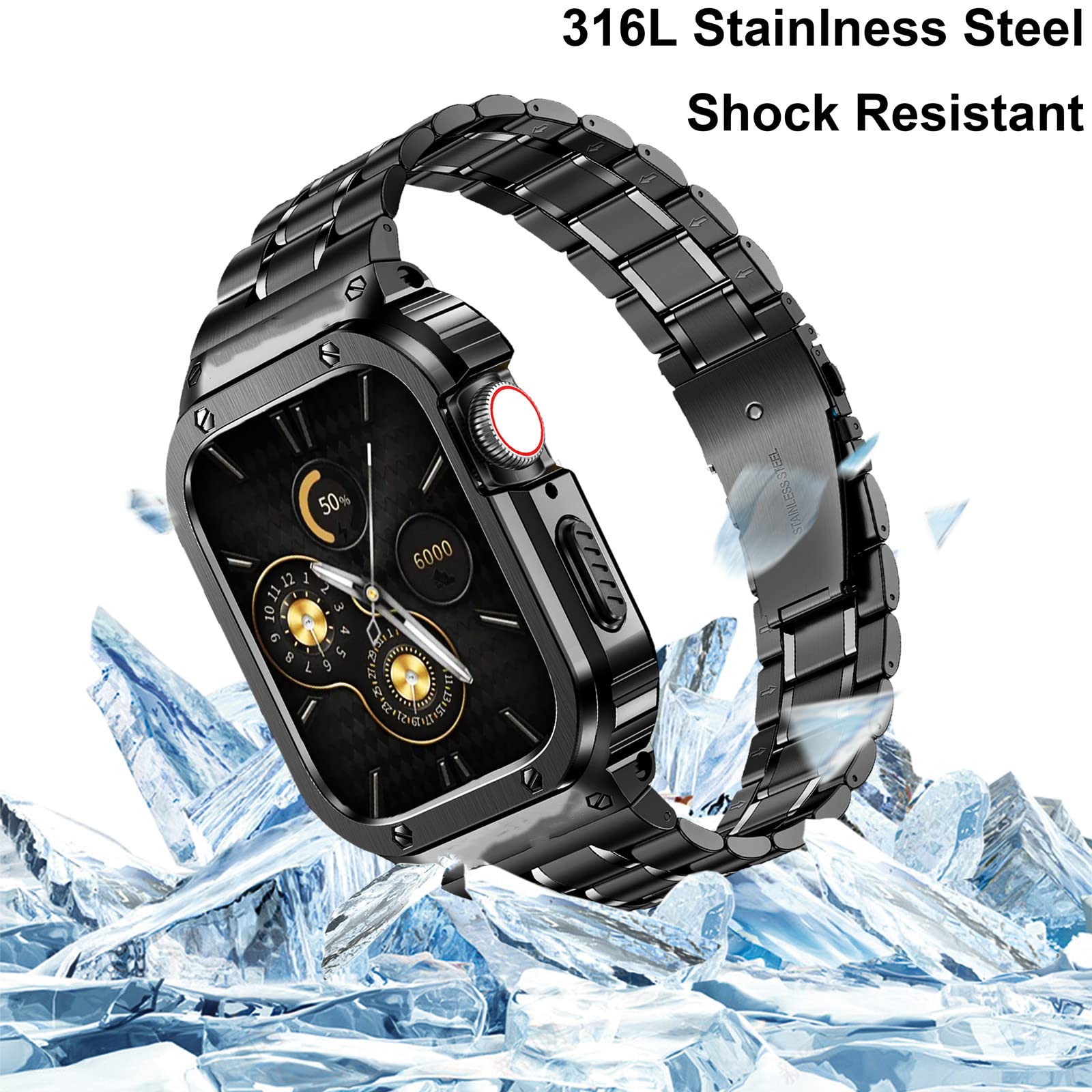 Stainless Steel Watch Band with Case Compatible with Apple Watch Series 9/8/7 (45mm)- Classic Silver Black