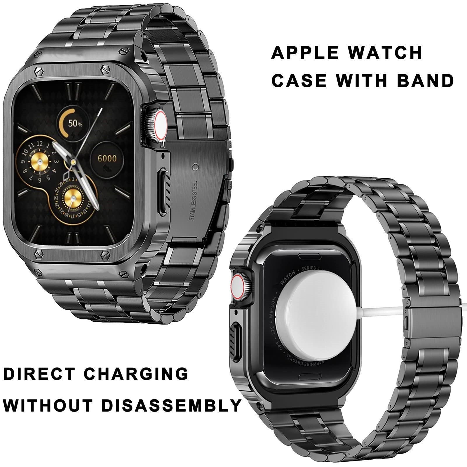 Stainless Steel Watch Band with Case Compatible with Apple Watch Series 9/8/7 (45mm)- Classic Silver Black