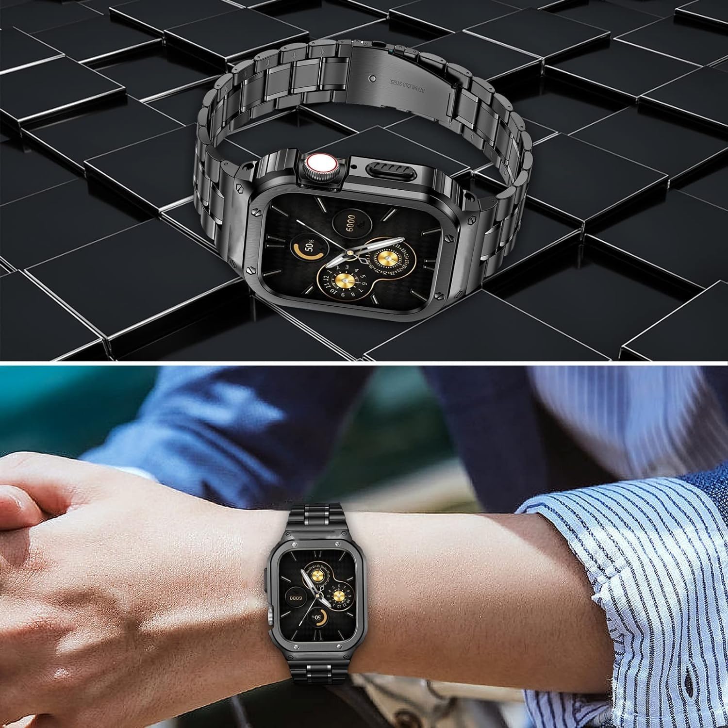 Stainless Steel Watch Band with Case Compatible with Apple Watch Series 9/8/7 (45mm)- Classic Silver Black