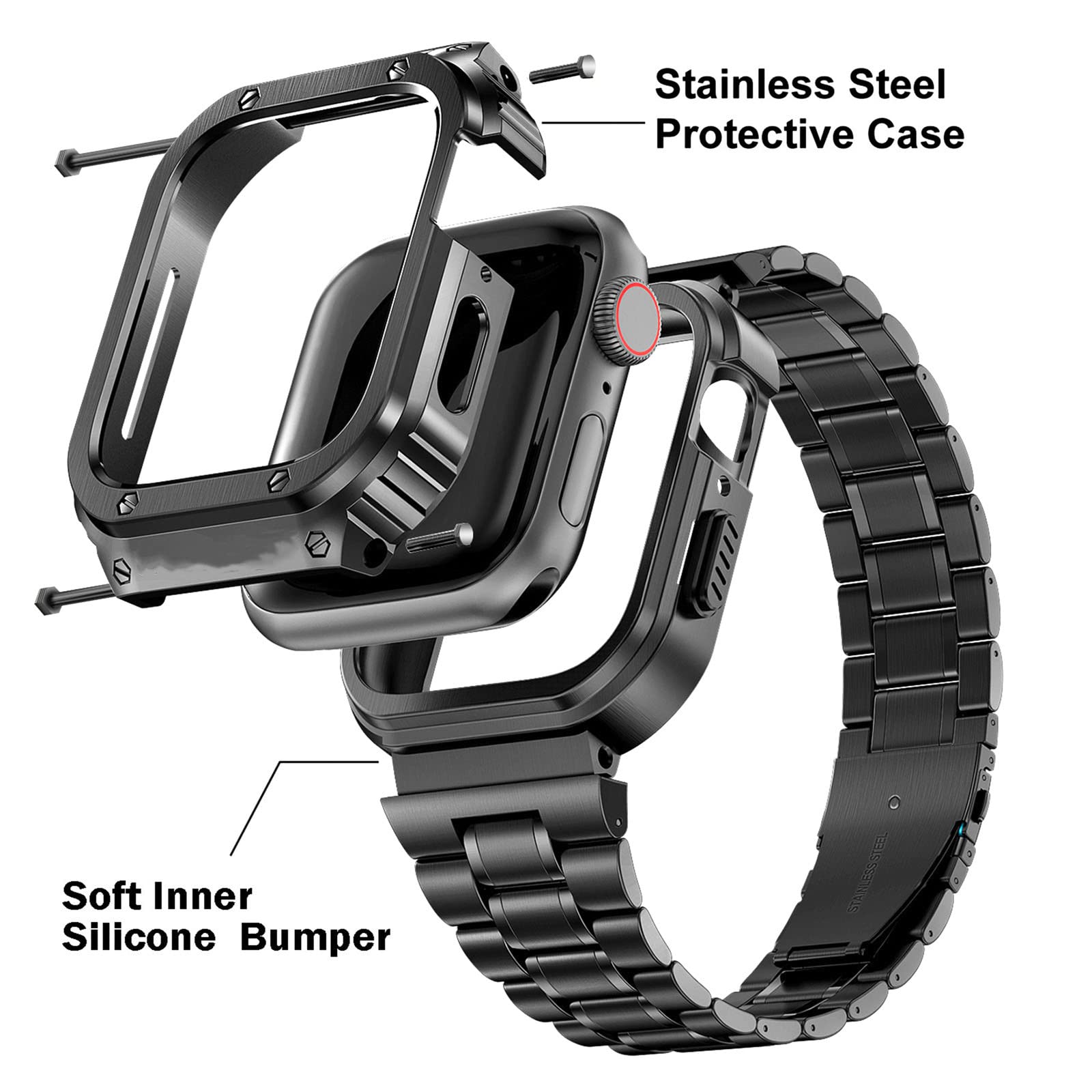 Stainless Steel Watch Band with Case Compatible with Apple Watch Series 9/8/7 (45mm)- Classic Silver Black