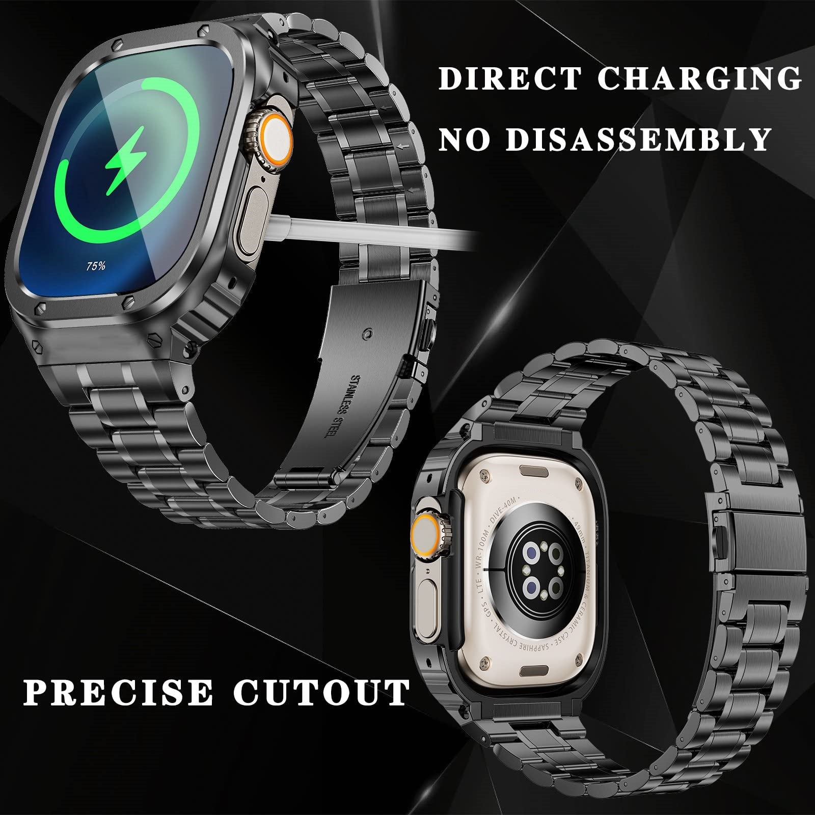 Stainless Steel Watch Band with Case Compatible with Apple Watch Series 9/8/7 (45mm)- Classic Silver Black