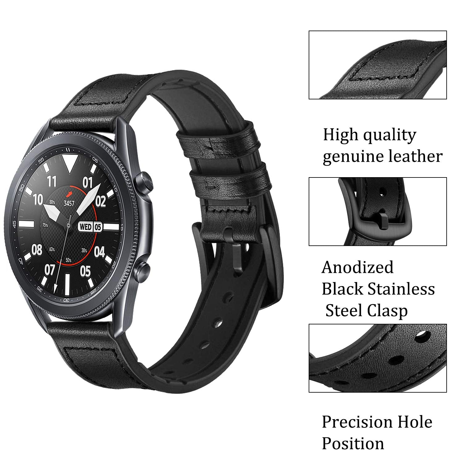 Samsung Galaxy Watch 3 45mm /46mm / Gear S3 Frontier / Classic / Watch GT 2 46mm | 22mm Soft Leather Strap | Black