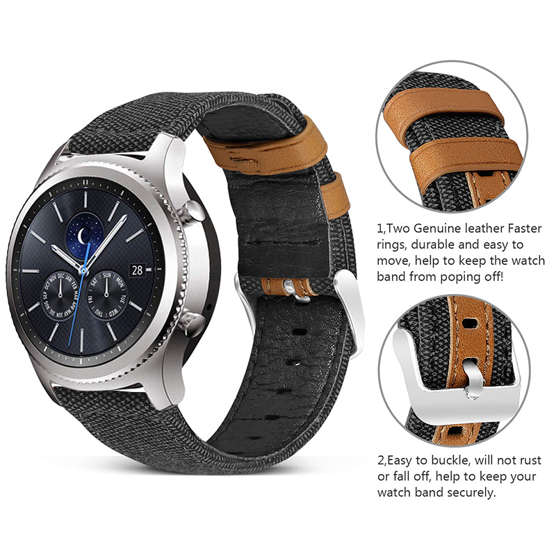 Samsung Galaxy Watch 3 45mm /46mm / Gear S3 Frontier / Classic / Watch GT 2 46mm | Leather Watch Band Canvas Pattern  | Black