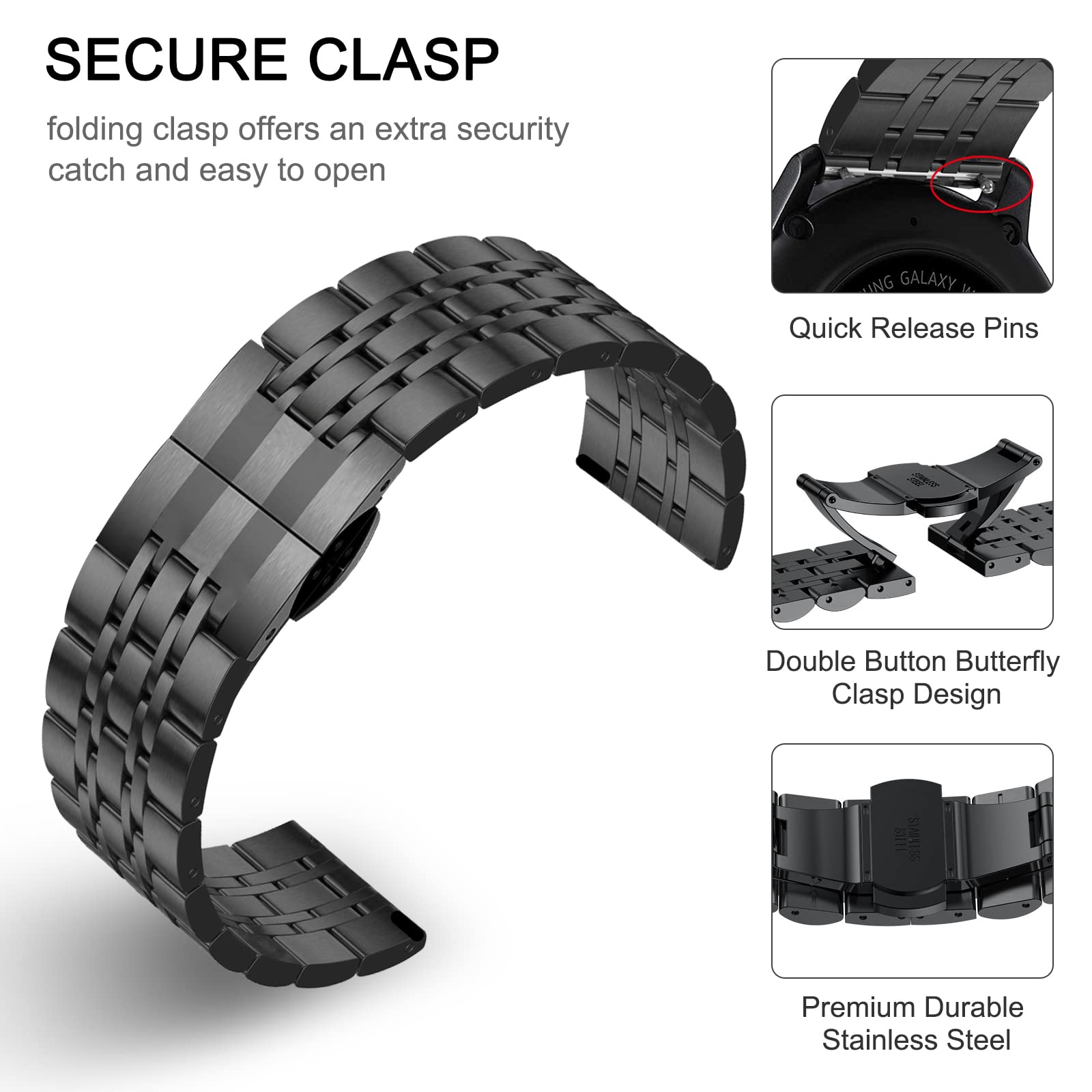 Samsung Galaxy Watch 3 45mm /46mm / Gear S3 Frontier / Classic / Watch GT 2 46mm | Metal Watch Band Straps | Black