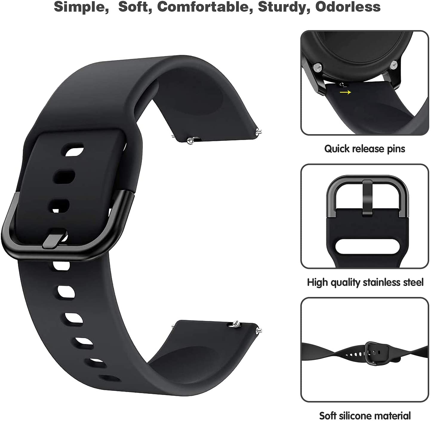 Samsung Galaxy Watch 4 40mm 44mm/Classic/Active 2 40mm 44mm/Galaxy Watch 3 41mm | Silicone Strap watch Band | Black
