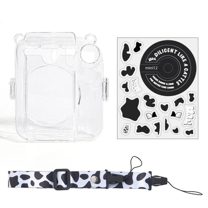 Clear Case Compatible with Fujifilm Mini 12 Instant Camera, Hard PC Cover with Adjustable Strap and Pocket & Decorative sticker - Cow Pattern