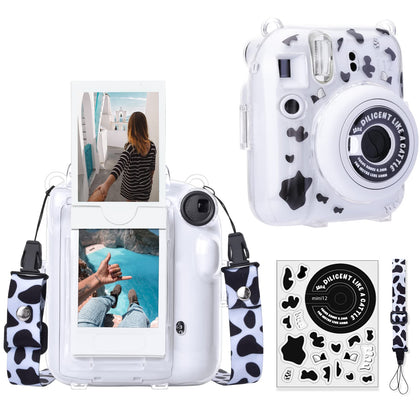 Clear Case Compatible with Fujifilm Mini 12 Instant Camera, Hard PC Cover with Adjustable Strap and Pocket & Decorative sticker - Cow Pattern