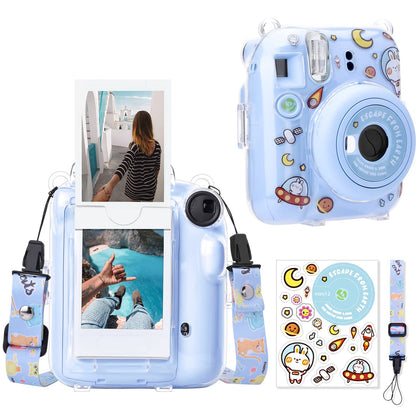 Clear Case For Fujifilm Mini 12 Instant Camera, Hard PC Cover with Adjustable Strap and Pocket & Decorative sticker - Blue