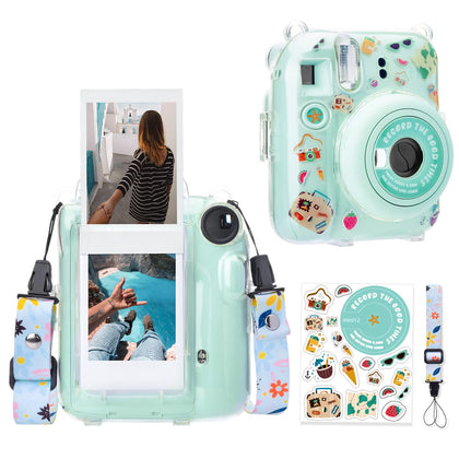 Clear Case For Fujifilm Mini 12 Instant Camera, Hard PC Cover with Adjustable Strap and Pocket & Decorative sticker - Green