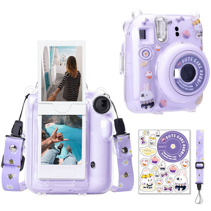 Clear Case Compatible with Fujifilm Mini 12 Instant Camera, Hard PC Cover with Adjustable Strap and Pocket & Decorative sticker - Purple