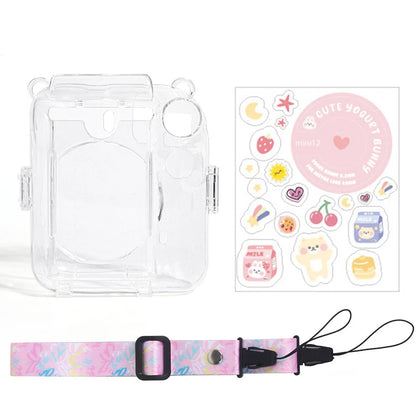 Clear Case Compatible with Fujifilm Mini 12 Instant Camera, Hard PC Cover with Adjustable Strap and Pocket & Decorative sticker - Pink