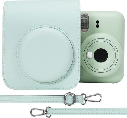 PU Leather Camera Case for Fujifilm Instax Mini 12 Instant Camera | Protective Cover with Adjustable Shoulder Strap | Mint Green