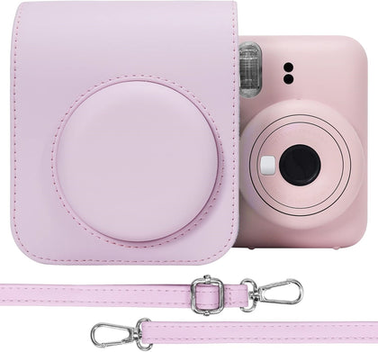 PU Leather Camera Case for Fujifilm Instax Mini 12 Instant Camera ,Protective Camera Cover with Adjustable Shoulder Strap - Blossom Pink