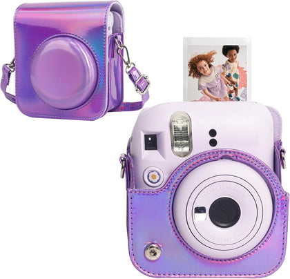 Protective Camera Case for Fujifilm Instax Mini 12 Instant Camera|PU Leather Camera Cover with Adjustable Shoulder Strap - iridescent purple