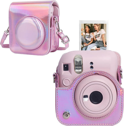 Protective Camera Case for Fujifilm Instax Mini 12 Instant Camera |PU Leather Camera Cover with Adjustable Shoulder Strap - iridescent pink