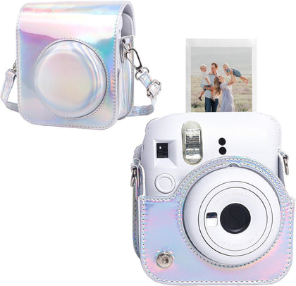 Protective Camera Case for Fujifilm Instax Mini 12 Instant Camera|PU Leather Camera Cover with Adjustable Shoulder Strap - iridescent silver