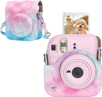 PU Leather Camera Case for Fujifilm Instax Mini 12 Instant Camera | Protective Camera Cover with Adjustable Shoulder Strap - Blue pink painting