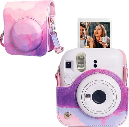 PU Leather Camera Case for Fujifilm Instax Mini 12 Instant Camera | Protective Camera Cover with Adjustable Shoulder Strap - Pink Cloud