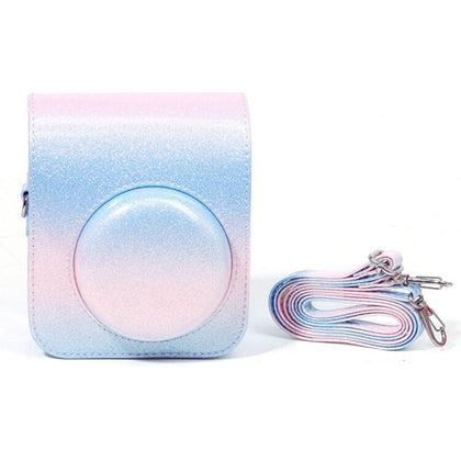 Protective Camera Case for Fujifilm Instax Mini 12 Instant Camera PU Leather Glitter Gradient Style Camera Bag with Shoulder Strap- Pink&Blue